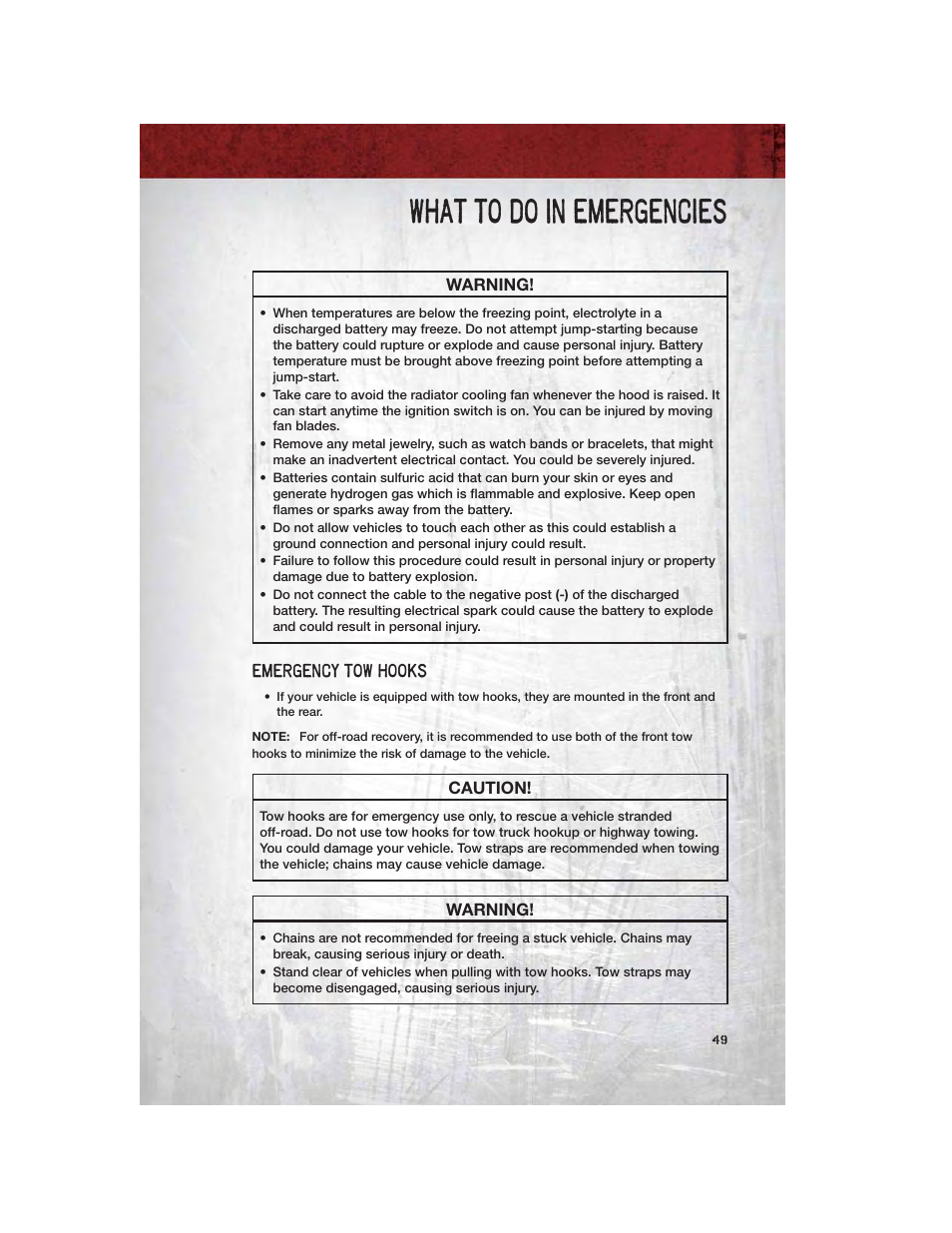 Emergency tow hooks, What to do in emergencies | Dodge 2011 Dakota User Manual | Page 51 / 76