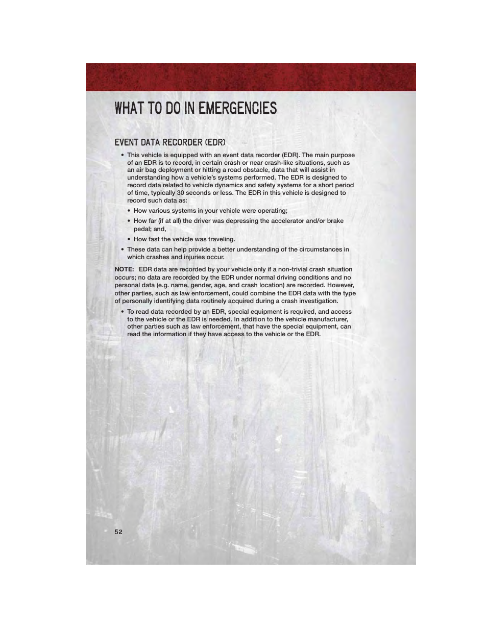 Event data recorder (edr), What to do in emergencies | Dodge 2011 Dakota User Manual | Page 54 / 76