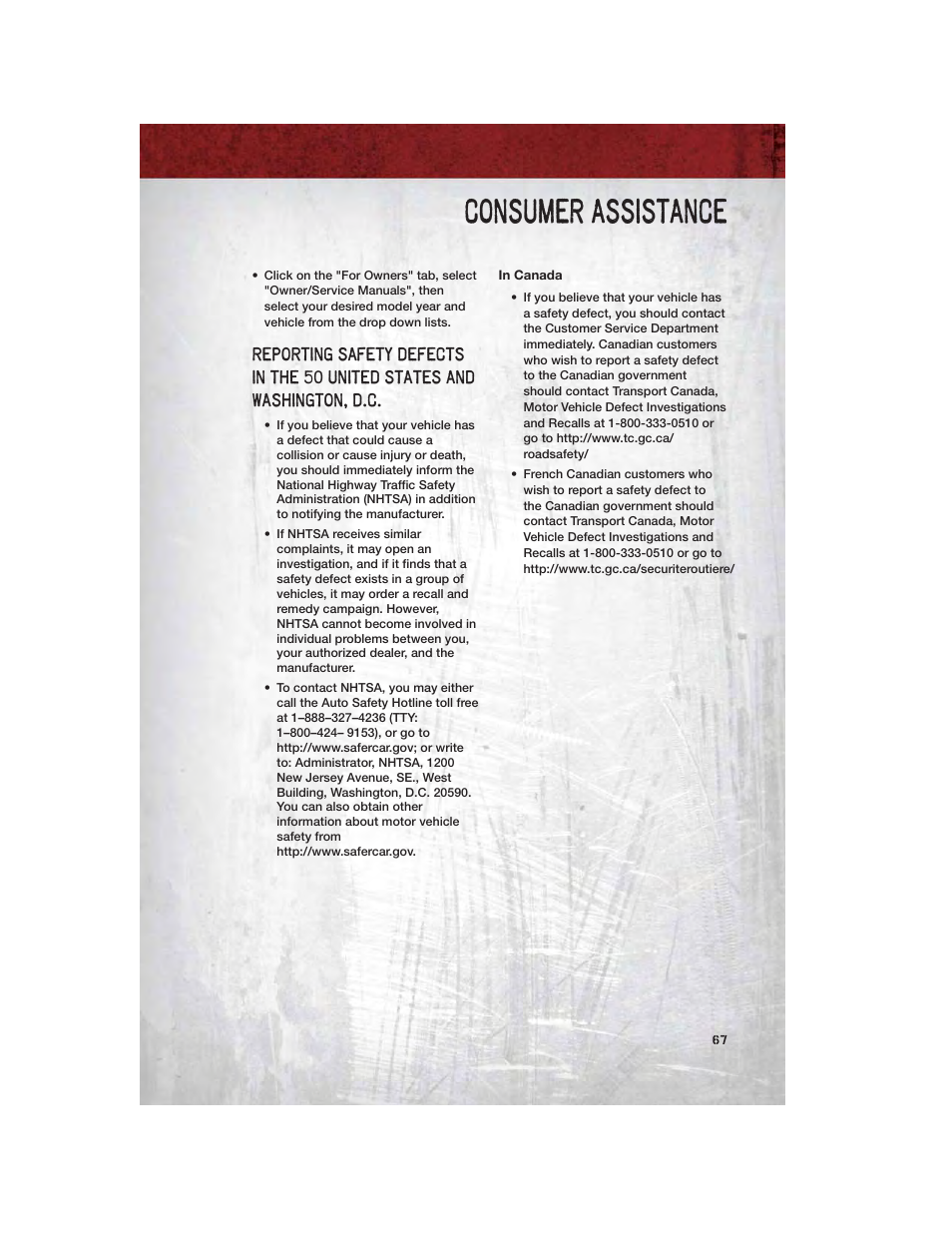 In canada, Consumer assistance | Dodge 2011 Dakota User Manual | Page 69 / 76