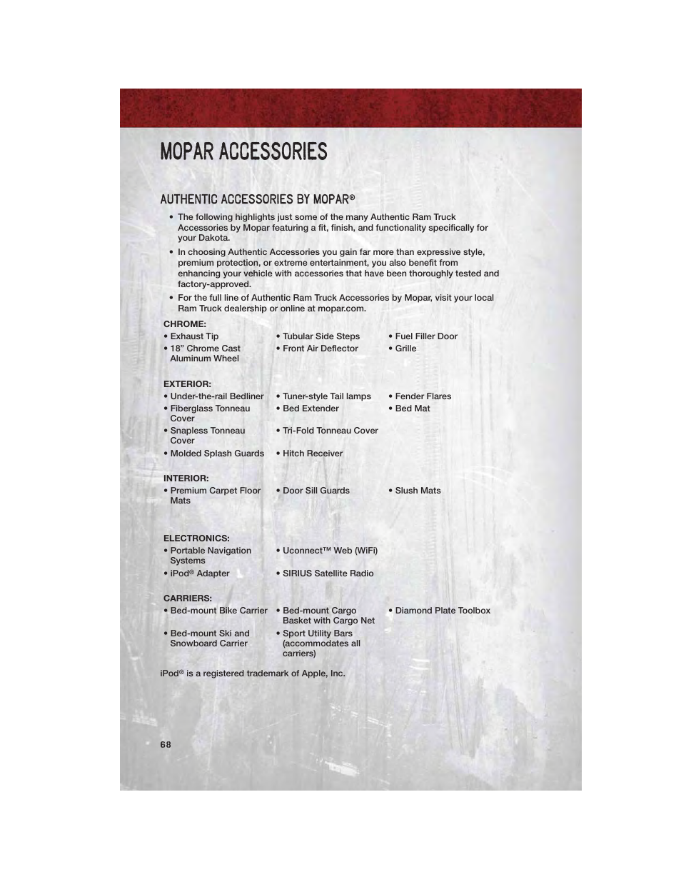 Mopar accessories, Authentic accessories by mopar | Dodge 2011 Dakota User Manual | Page 70 / 76