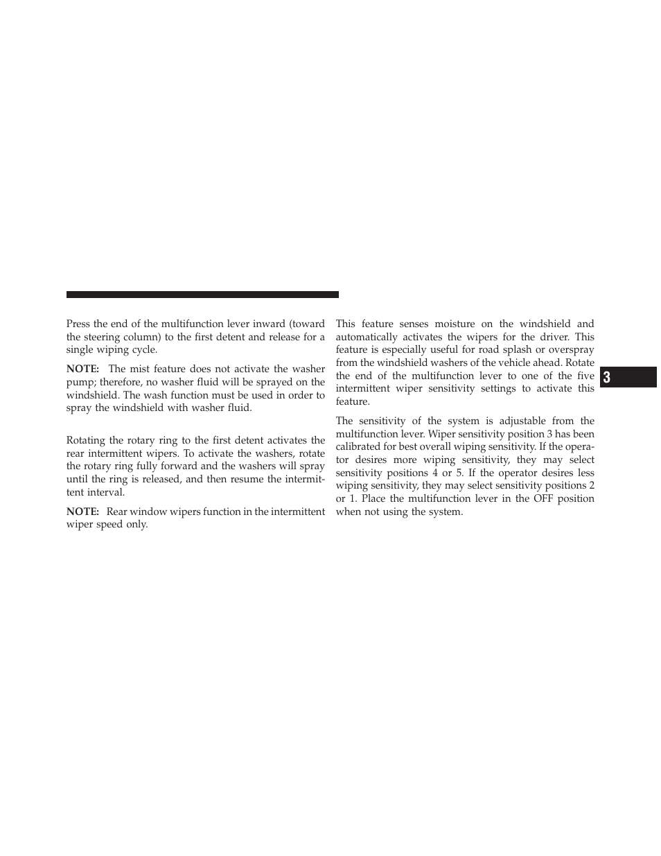 Mist feature, Rear wiper and washer, Rain sensing wipers — if equipped | Dodge 2011 Grand_Caravan - Owner Manual User Manual | Page 175 / 562