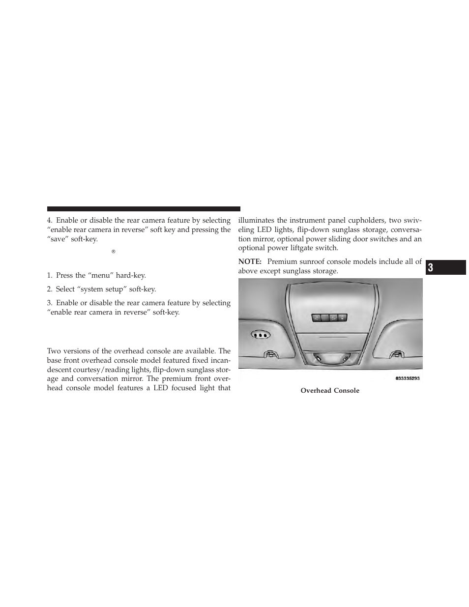 Overhead consoles, Front overhead console, Turning parkview௡ on or off — without | Navigation/multimedia radio | Dodge 2011 Grand_Caravan - Owner Manual User Manual | Page 195 / 562