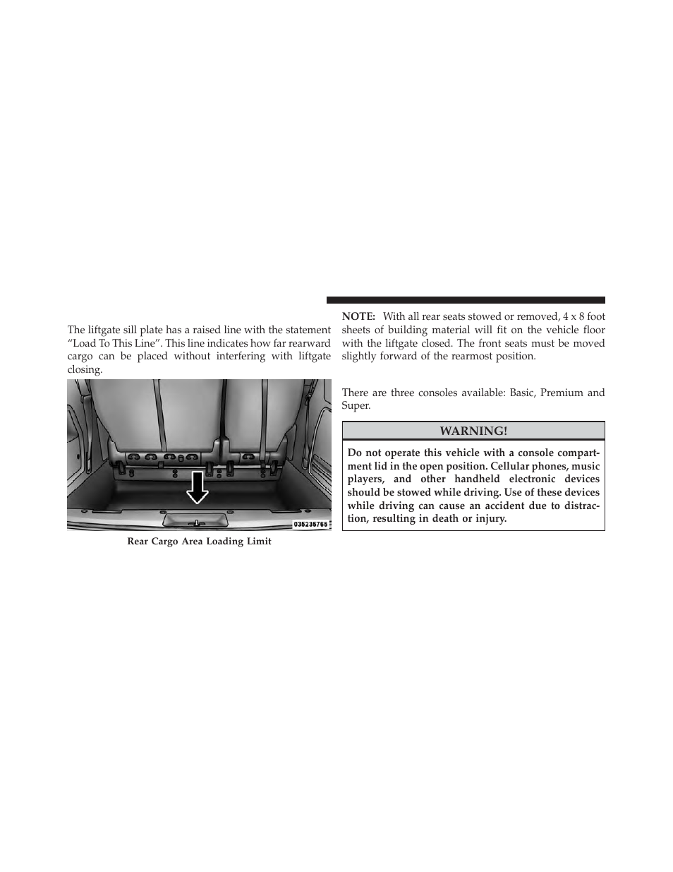 Cargo area storage, Console features | Dodge 2011 Grand_Caravan - Owner Manual User Manual | Page 226 / 562