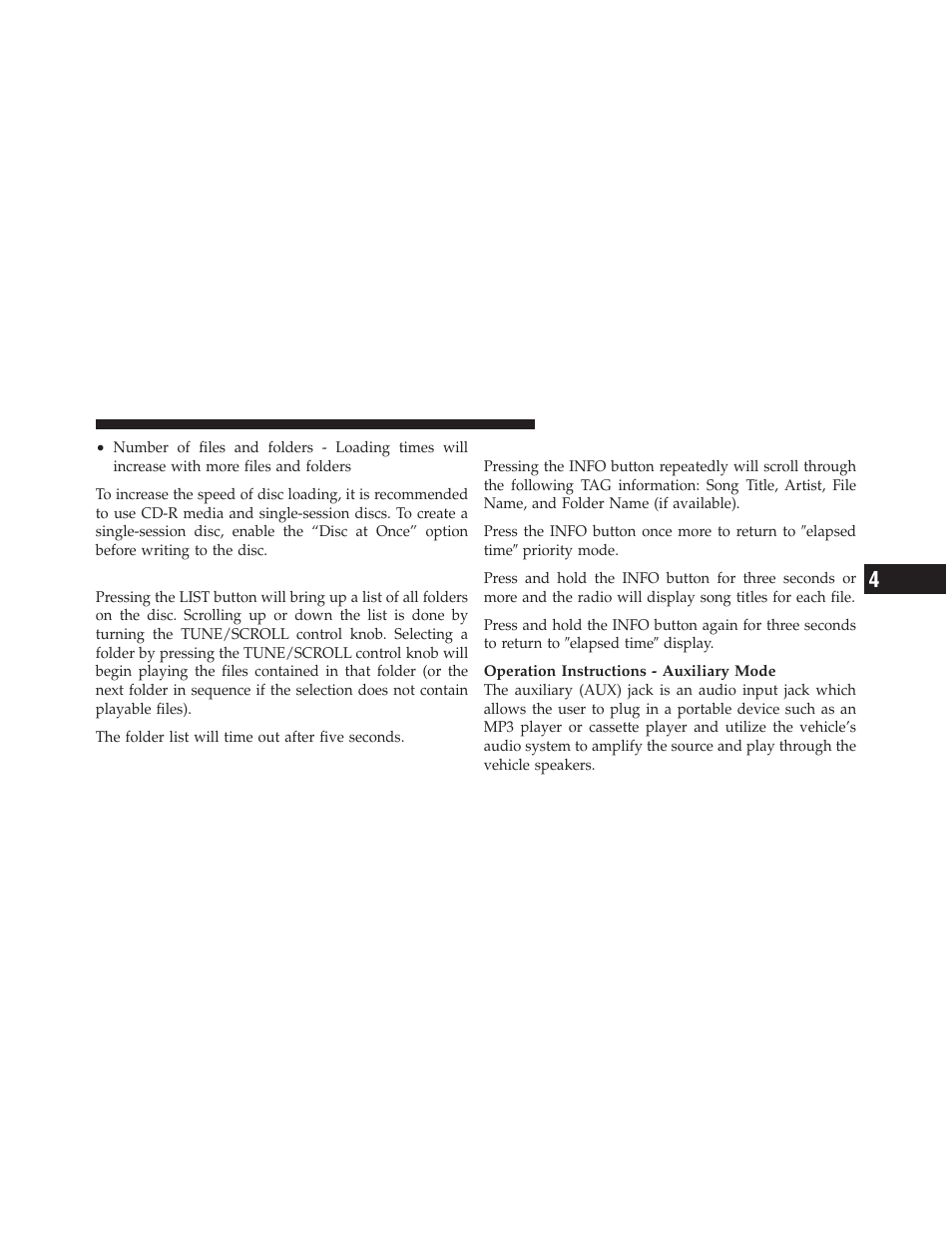 List button (cd mode for mp3 play), Info button (cd mode for mp3 play) | Dodge 2011 Grand_Caravan - Owner Manual User Manual | Page 307 / 562