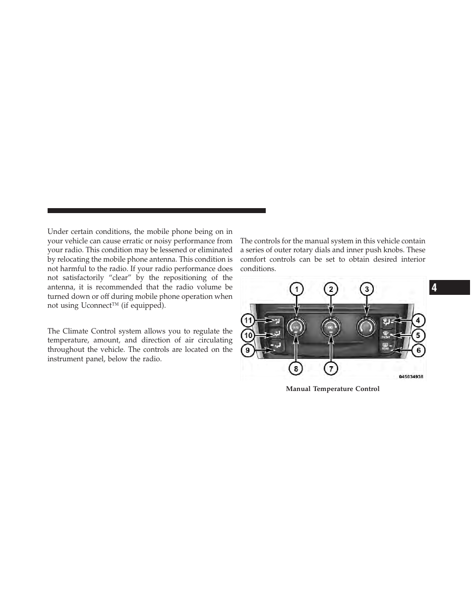 Radio operation and mobile phones, Climate controls, Manual heating and air conditioning | System — if equipped | Dodge 2011 Grand_Caravan - Owner Manual User Manual | Page 323 / 562