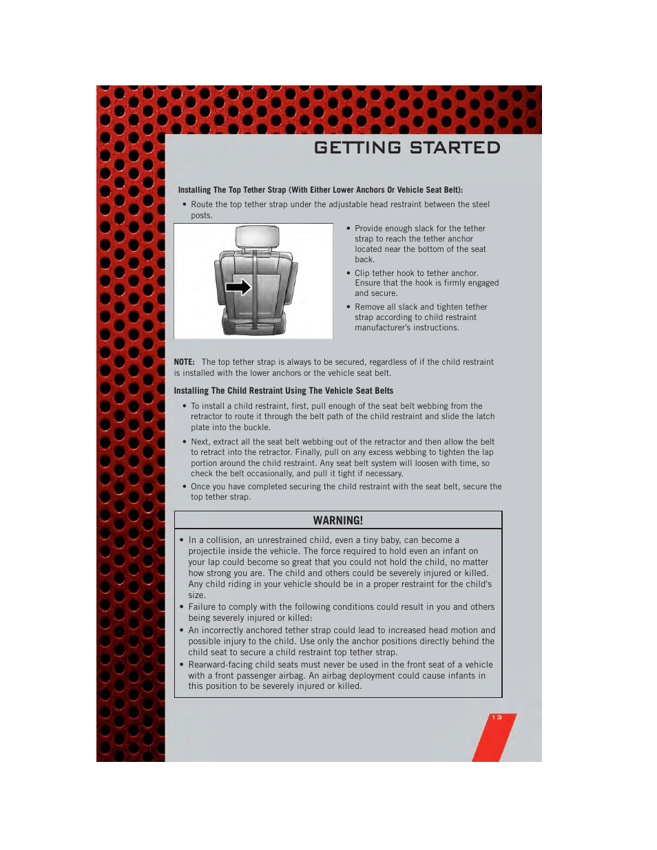 Getting started, Warning | Dodge 2011 Grand_Caravan - User Guide User Manual | Page 15 / 100