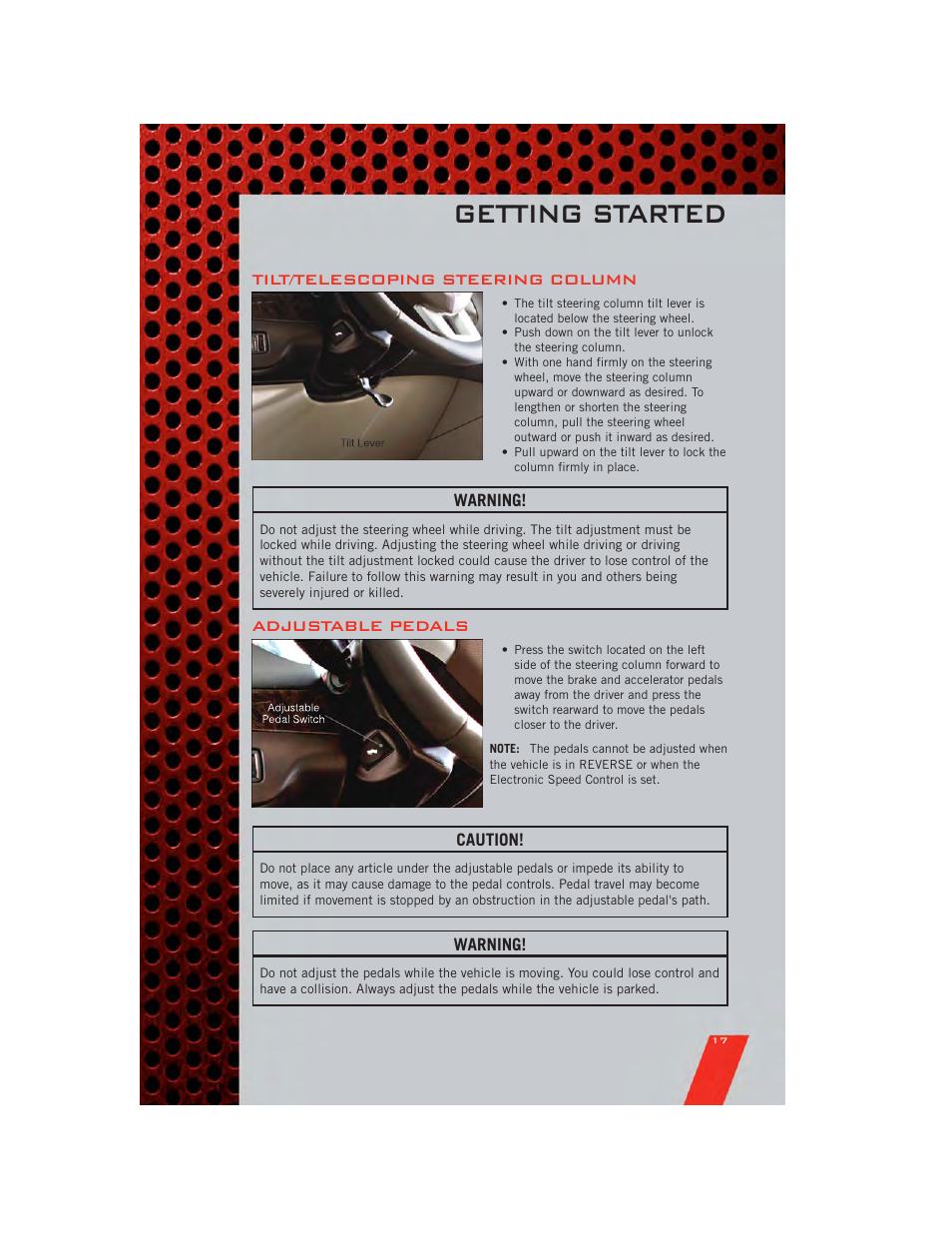 Tilt/telescoping steering column, Adjustable pedals, Getting started | Dodge 2011 Grand_Caravan - User Guide User Manual | Page 19 / 100