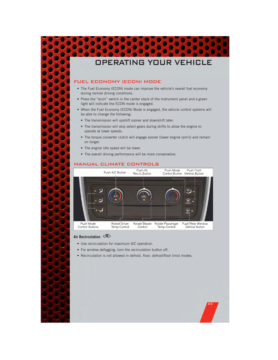 Fuel economy (econ) mode, Manual climate controls, Air recirculation | Operating your vehicle | Dodge 2011 Grand_Caravan - User Guide User Manual | Page 25 / 100