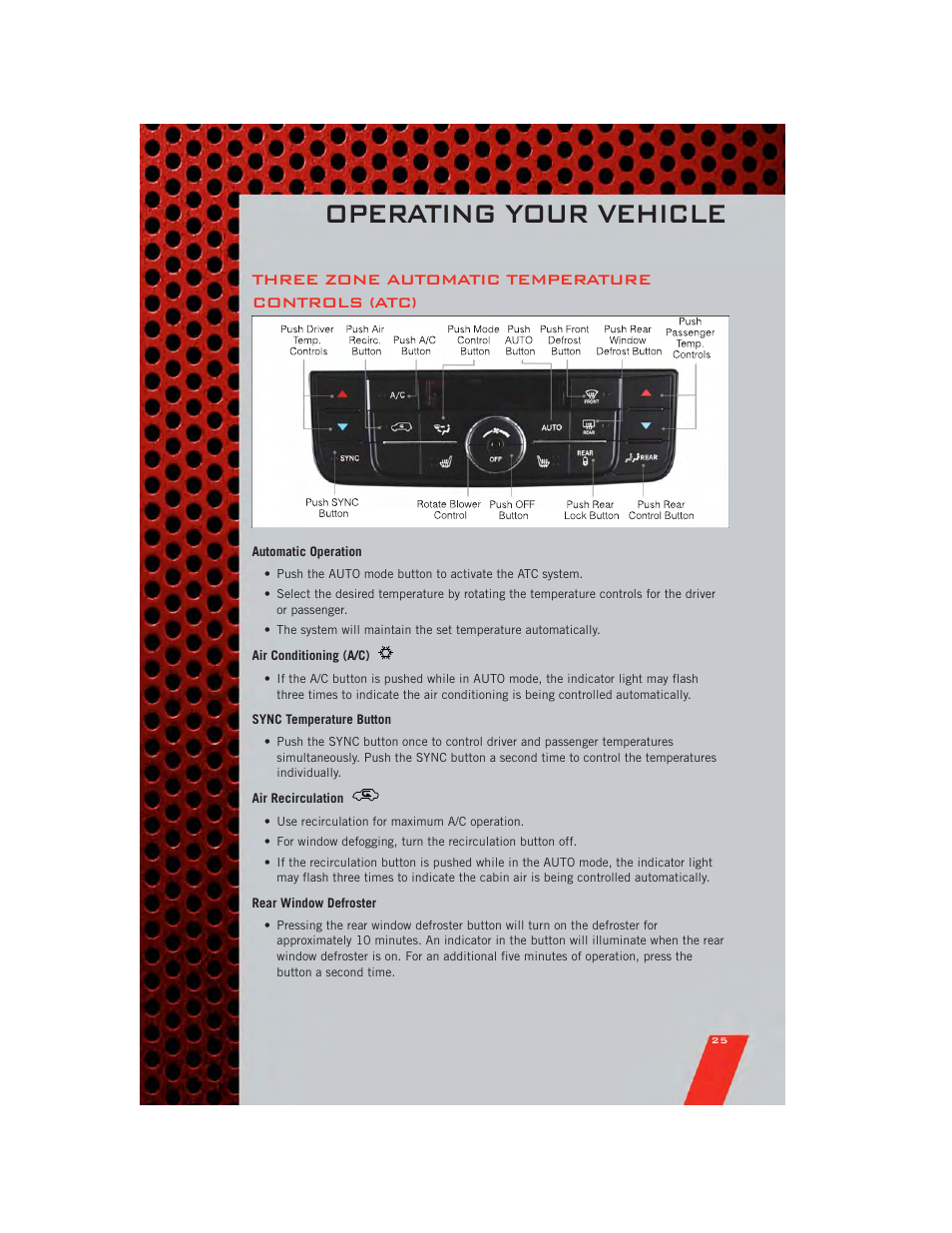 Three zone automatic temperature controls (atc), Automatic operation, Air conditioning (a/c) | Sync temperature button, Air recirculation, Rear window defroster, Operating your vehicle | Dodge 2011 Grand_Caravan - User Guide User Manual | Page 27 / 100