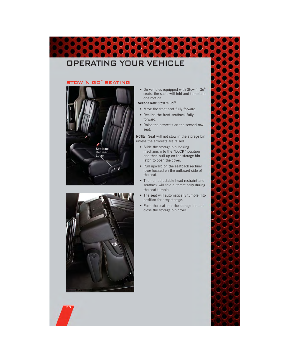 Stow 'n go® seating, Operating your vehicle, Stow 'n go | Seating | Dodge 2011 Grand_Caravan - User Guide User Manual | Page 30 / 100