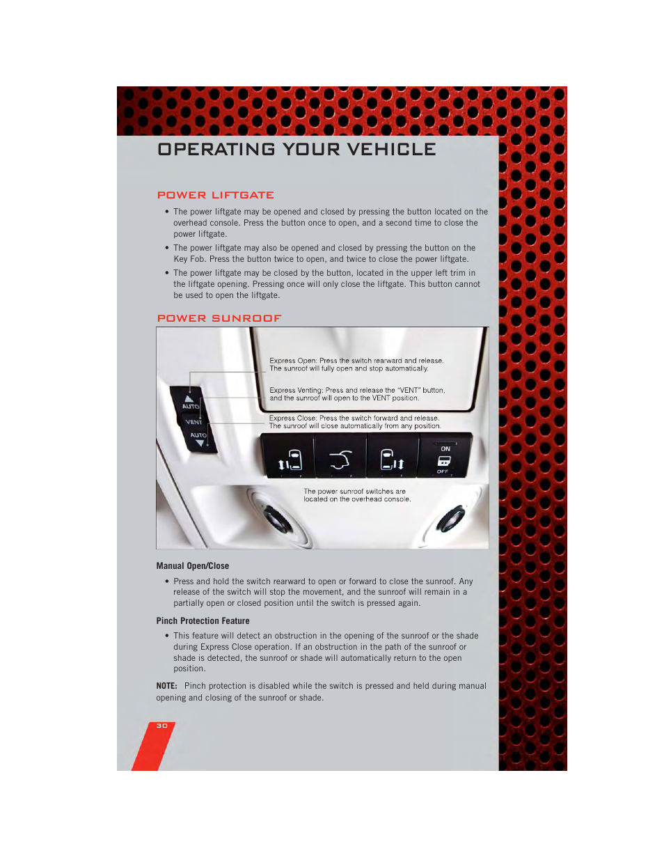 Power liftgate, Power sunroof, Manual open/close | Pinch protection feature, Operating your vehicle | Dodge 2011 Grand_Caravan - User Guide User Manual | Page 32 / 100