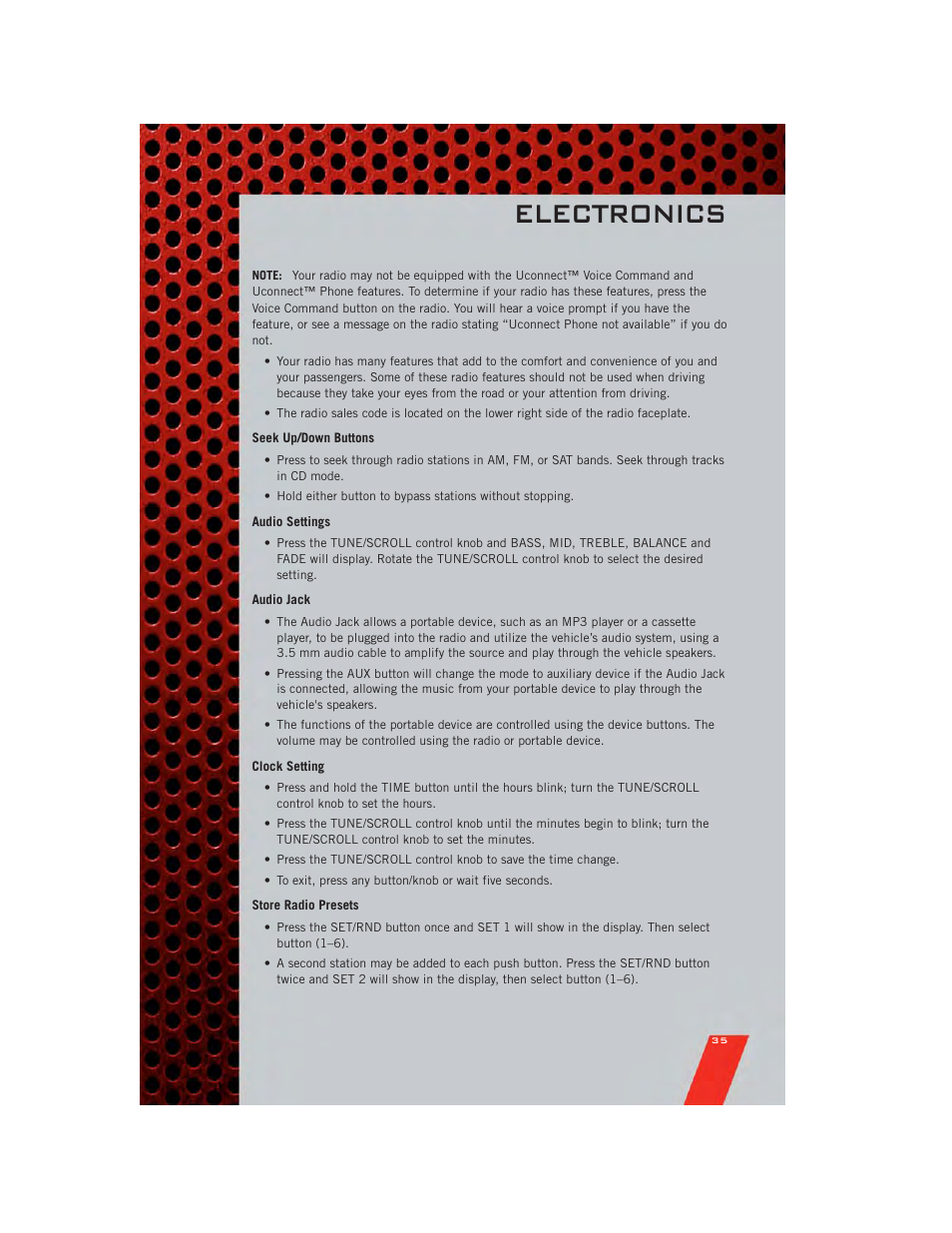 Seek up/down buttons, Audio settings, Audio jack | Clock setting, Store radio presets, Electronics | Dodge 2011 Grand_Caravan - User Guide User Manual | Page 37 / 100