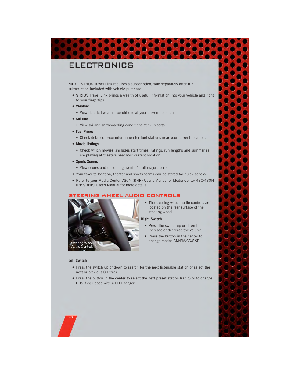 Steering wheel audio controls, Right switch, Left switch | Electronics | Dodge 2011 Grand_Caravan - User Guide User Manual | Page 44 / 100