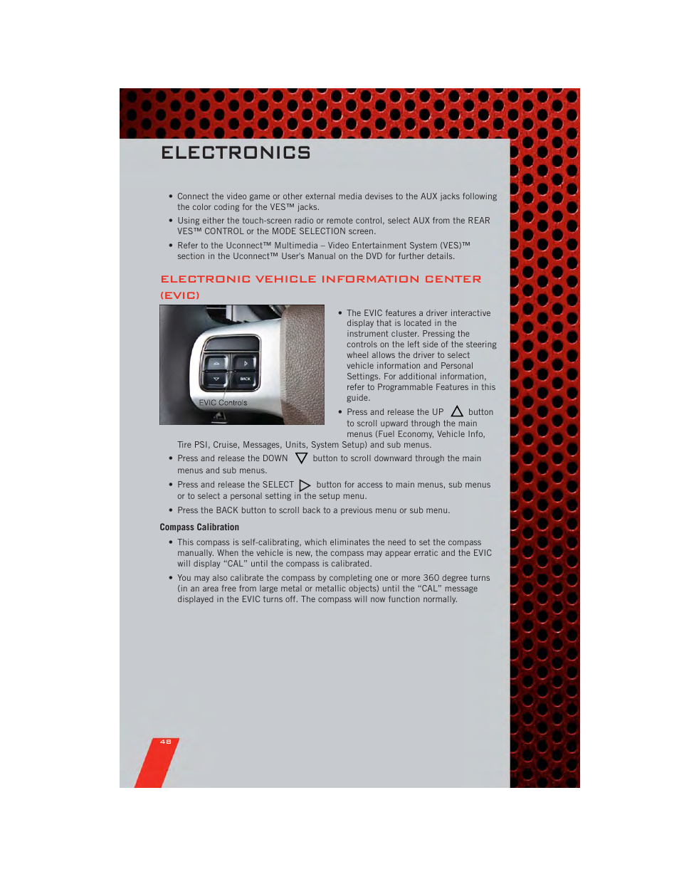 Electronic vehicle information center (evic), Compass calibration, Electronics | Dodge 2011 Grand_Caravan - User Guide User Manual | Page 50 / 100