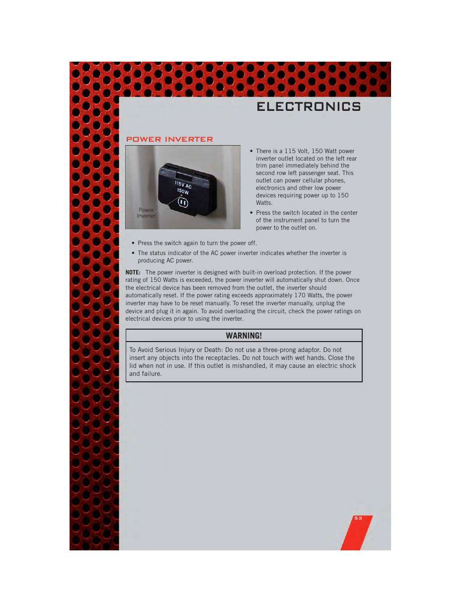 Power inverter, Electronics | Dodge 2011 Grand_Caravan - User Guide User Manual | Page 55 / 100