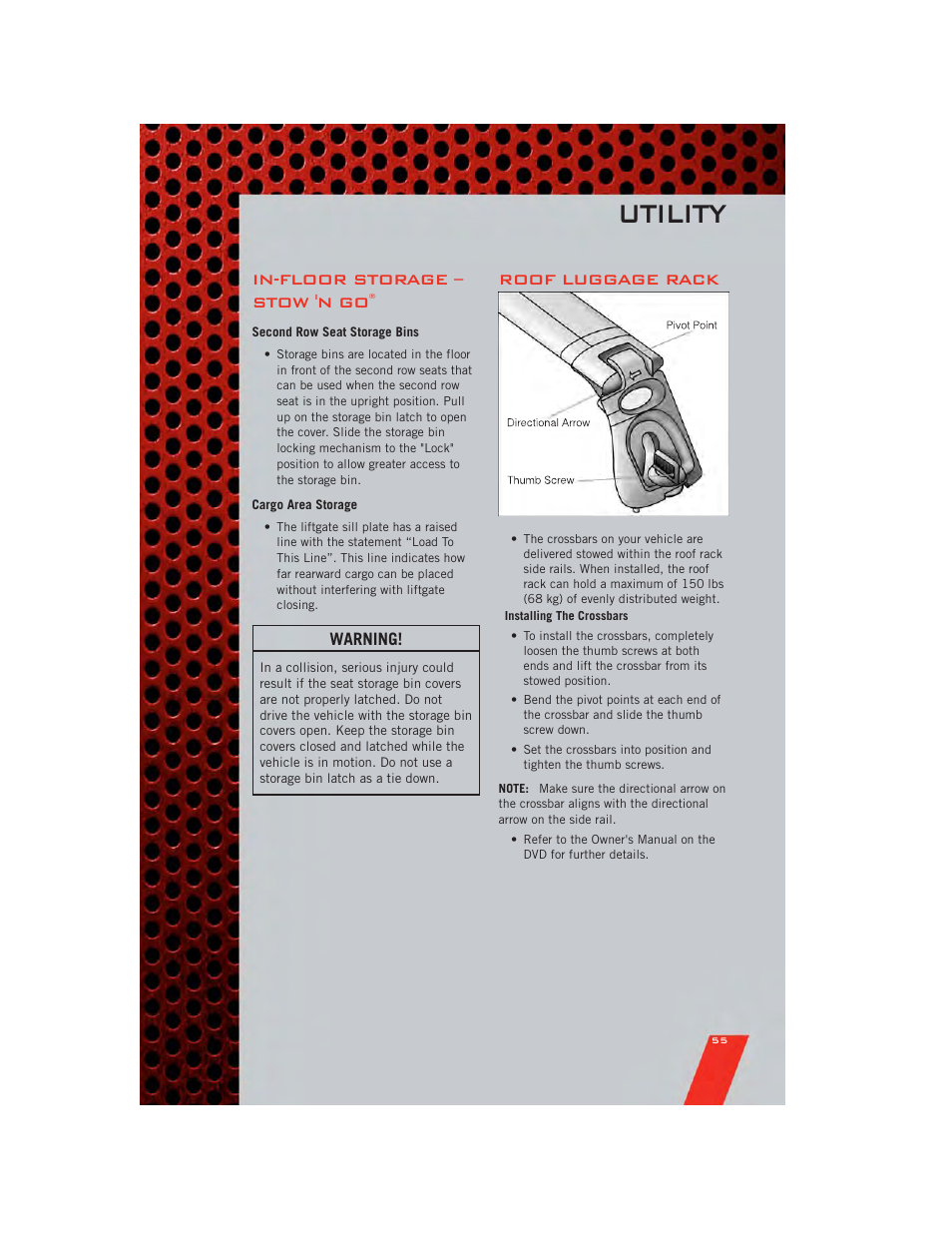 Utility, In-floor storage – stow 'n go, Second row seat storage bins | Cargo area storage, Roof luggage rack, Warning | Dodge 2011 Grand_Caravan - User Guide User Manual | Page 57 / 100