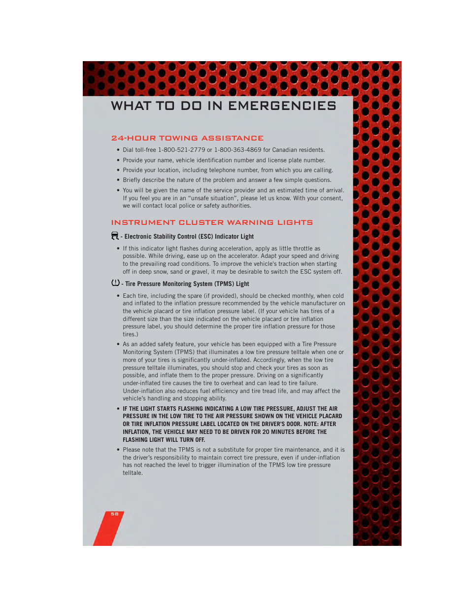 What to do in emergencies, Hour towing assistance, Instrument cluster warning lights | Electronic stability control (esc) indicator light, Tire pressure monitoring system (tpms) light | Dodge 2011 Grand_Caravan - User Guide User Manual | Page 60 / 100