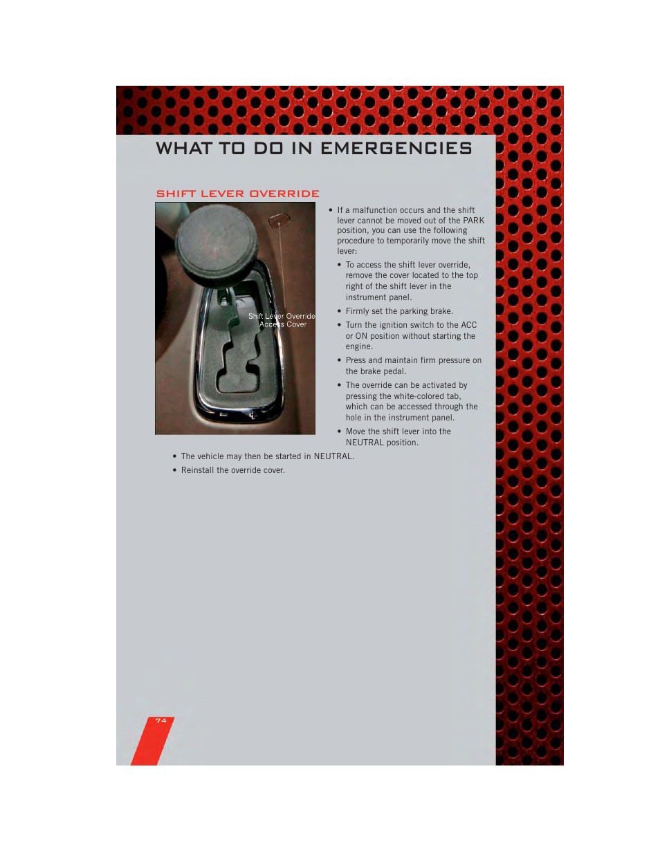 Shift lever override, Towing a disabled vehicle, What to do in emergencies | Dodge 2011 Grand_Caravan - User Guide User Manual | Page 76 / 100