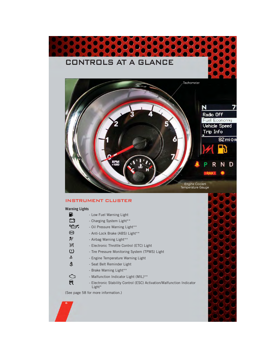 Instrument cluster, Warning lights, Controls at a glance | Dodge 2011 Grand_Caravan - User Guide User Manual | Page 8 / 100