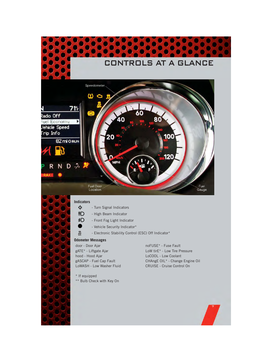 Indicators, Odometer messages, Controls at a glance | Dodge 2011 Grand_Caravan - User Guide User Manual | Page 9 / 100