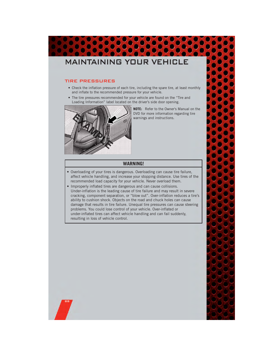 Tire pressures, Maintaining your vehicle | Dodge 2011 Grand_Caravan - User Guide User Manual | Page 90 / 100