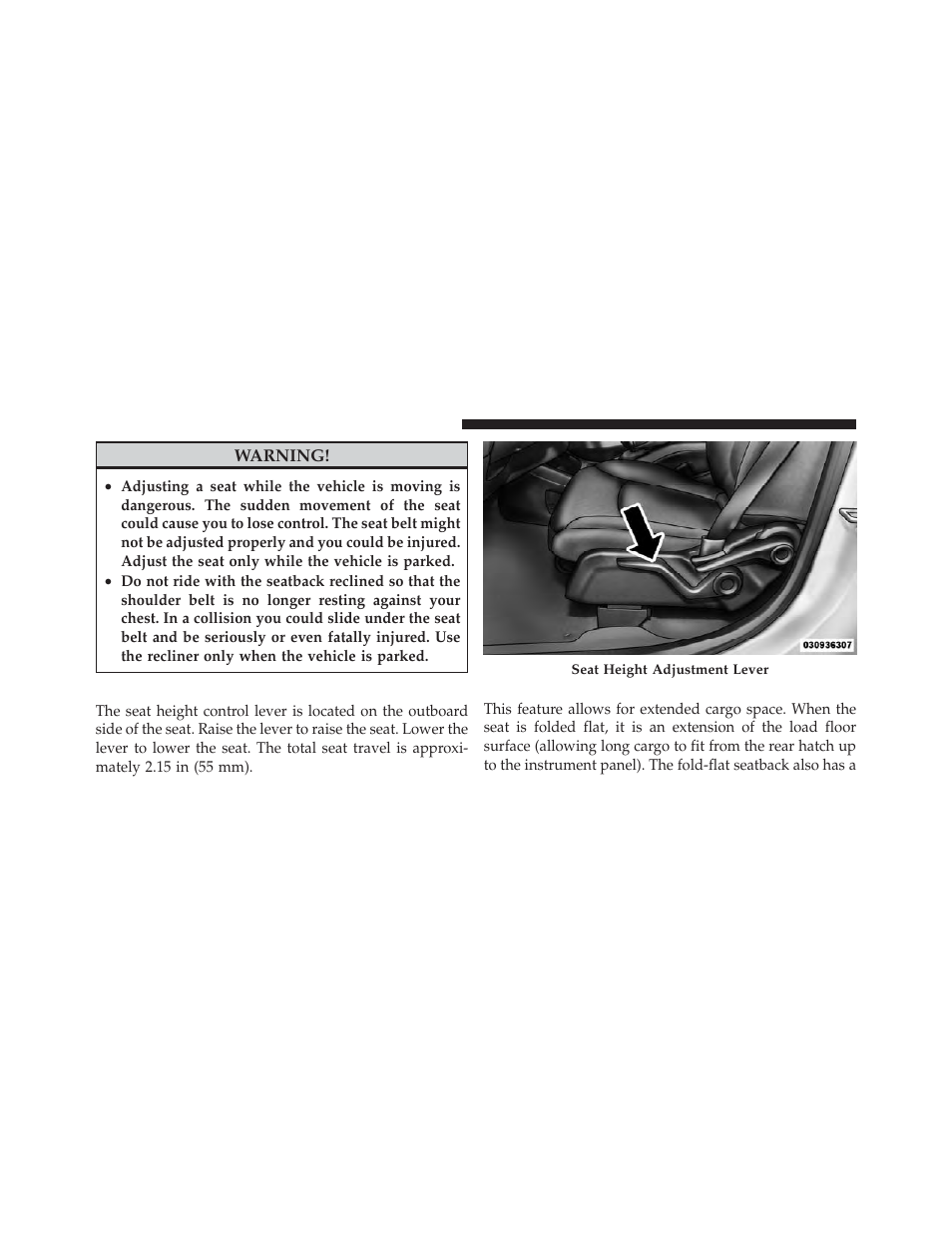 Driver's seat height adjustment — if equipped, Fold-flat front passenger seat — if equipped, Driver’s seat height adjustment | If equipped, Fold-flat front passenger seat | Dodge 2011 Journey - Owner Manual User Manual | Page 176 / 557