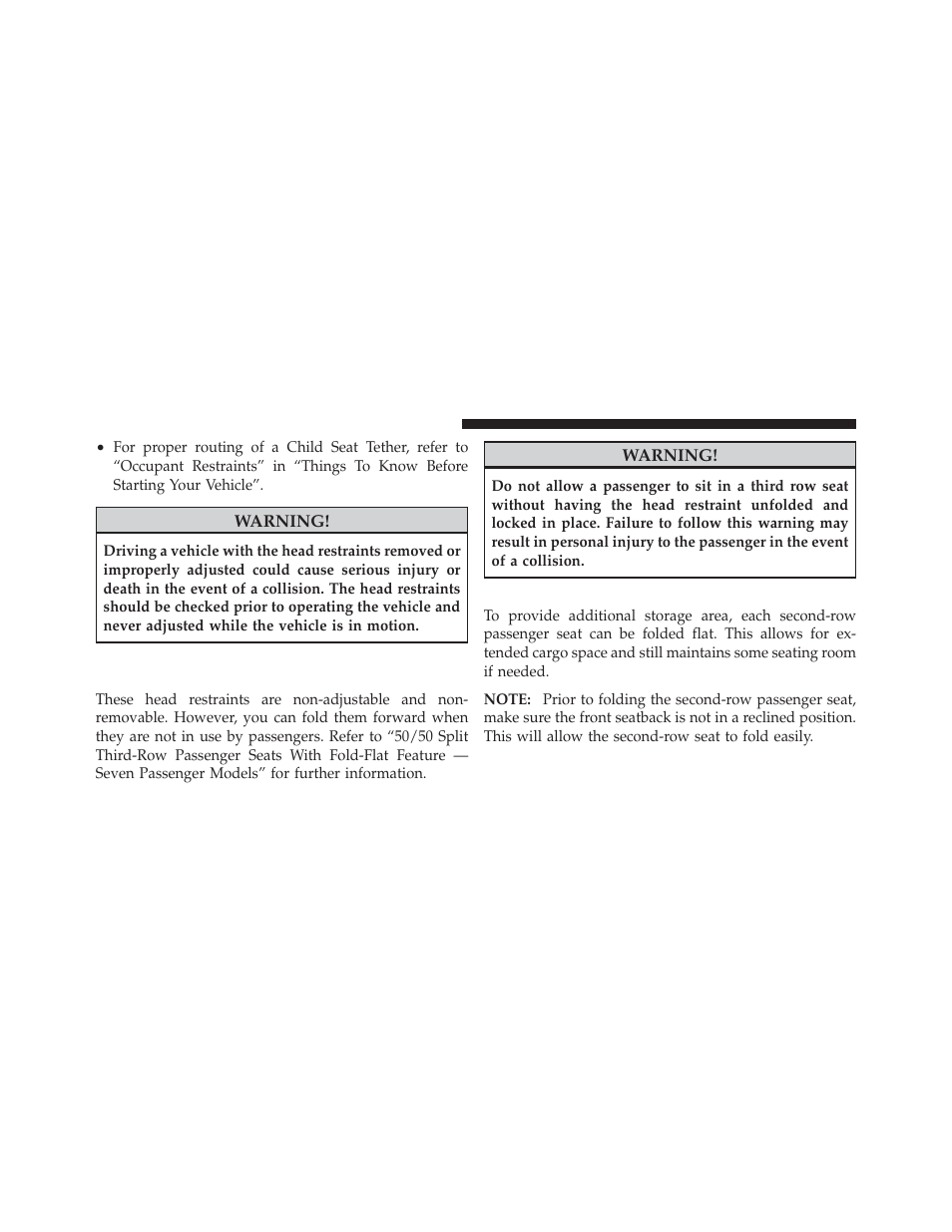 Third row passenger seats — seven passenger models, 60/40 split second-row passenger seats, Third row passenger seats — seven | Passenger models | Dodge 2011 Journey - Owner Manual User Manual | Page 182 / 557