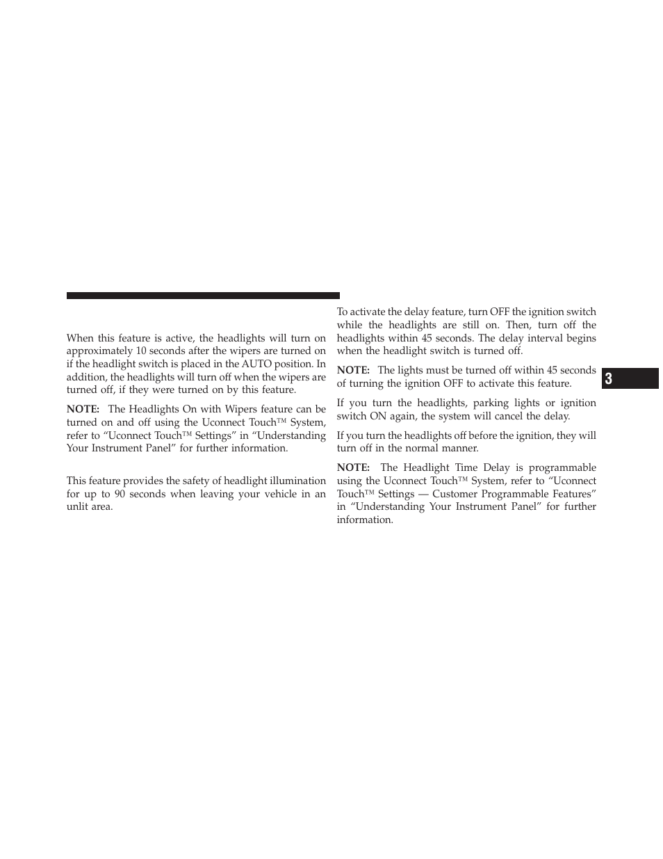 Headlight time delay, Headlights on with wipers (available with, Automatic headlights only) | Dodge 2011 Journey - Owner Manual User Manual | Page 195 / 557