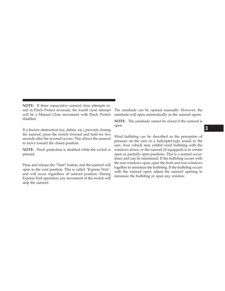 Pinch protect override, Venting sunroof — express, Sunshade operation | Wind buffeting | Dodge 2011 Journey - Owner Manual User Manual | Page 231 / 557