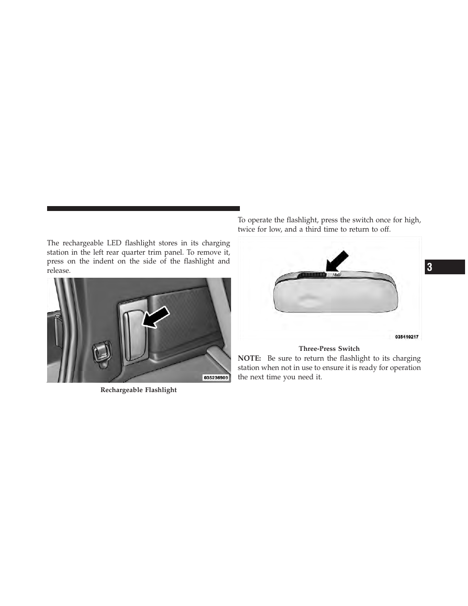 Cargo area features, Rechargeable flashlight — if equipped | Dodge 2011 Journey - Owner Manual User Manual | Page 247 / 557