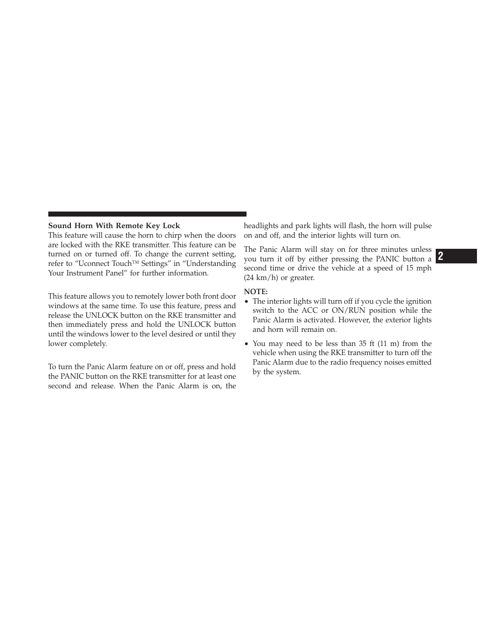 Remote open window feature, Using the panic alarm | Dodge 2011 Journey - Owner Manual User Manual | Page 25 / 557