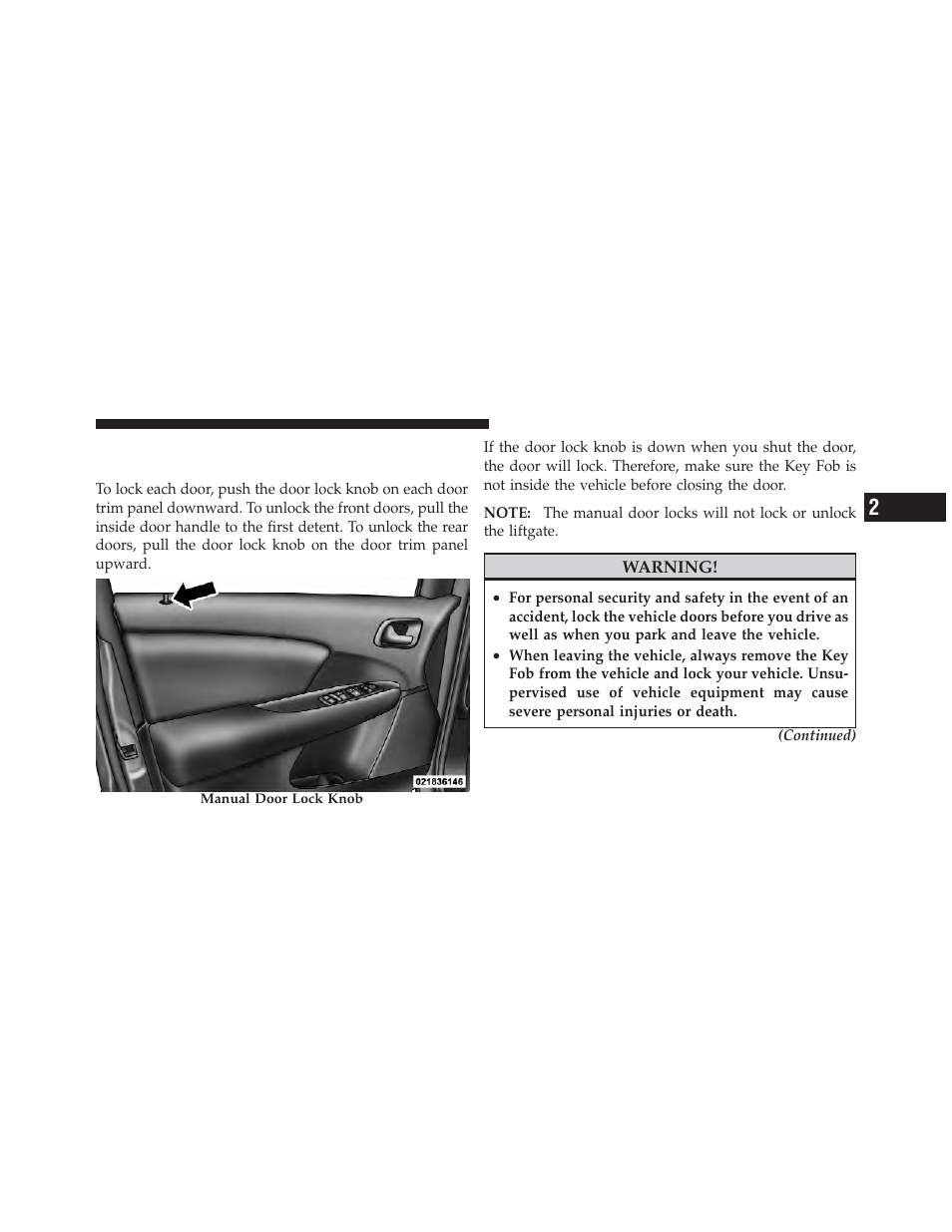 Door locks, Manual door locks | Dodge 2011 Journey - Owner Manual User Manual | Page 31 / 557