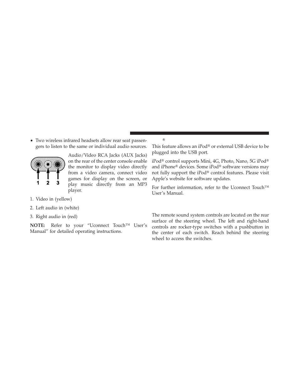 Ipodĥ/usb/mp3 control — if equipped, Steering wheel audio controls — if equipped, Ipod௡/usb/mp3 control — if equipped | Steering wheel audio controls, If equipped | Dodge 2011 Journey - Owner Manual User Manual | Page 310 / 557