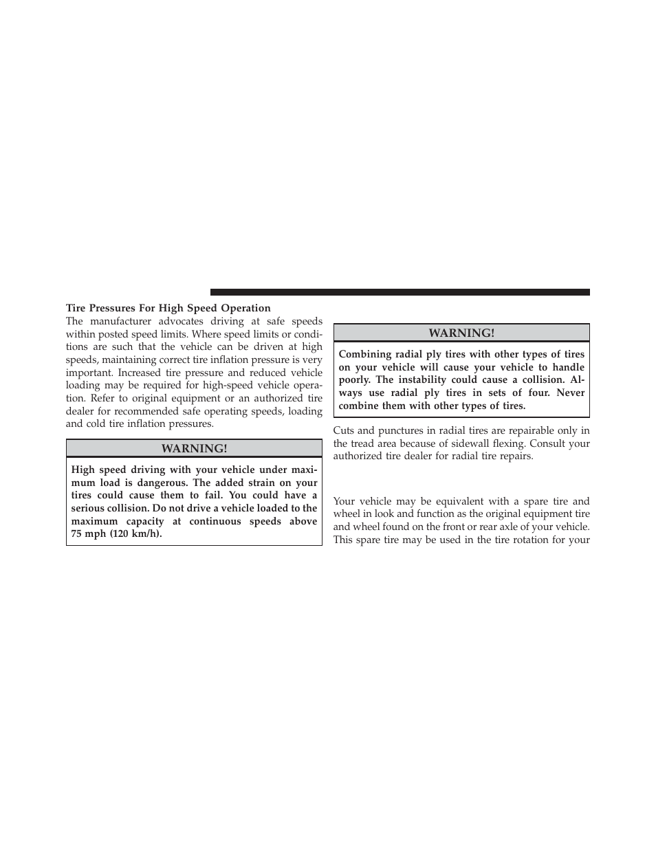 Radial-ply tires, Spare tire matching original equipped tire, And wheel – if equipped | Dodge 2011 Journey - Owner Manual User Manual | Page 376 / 557