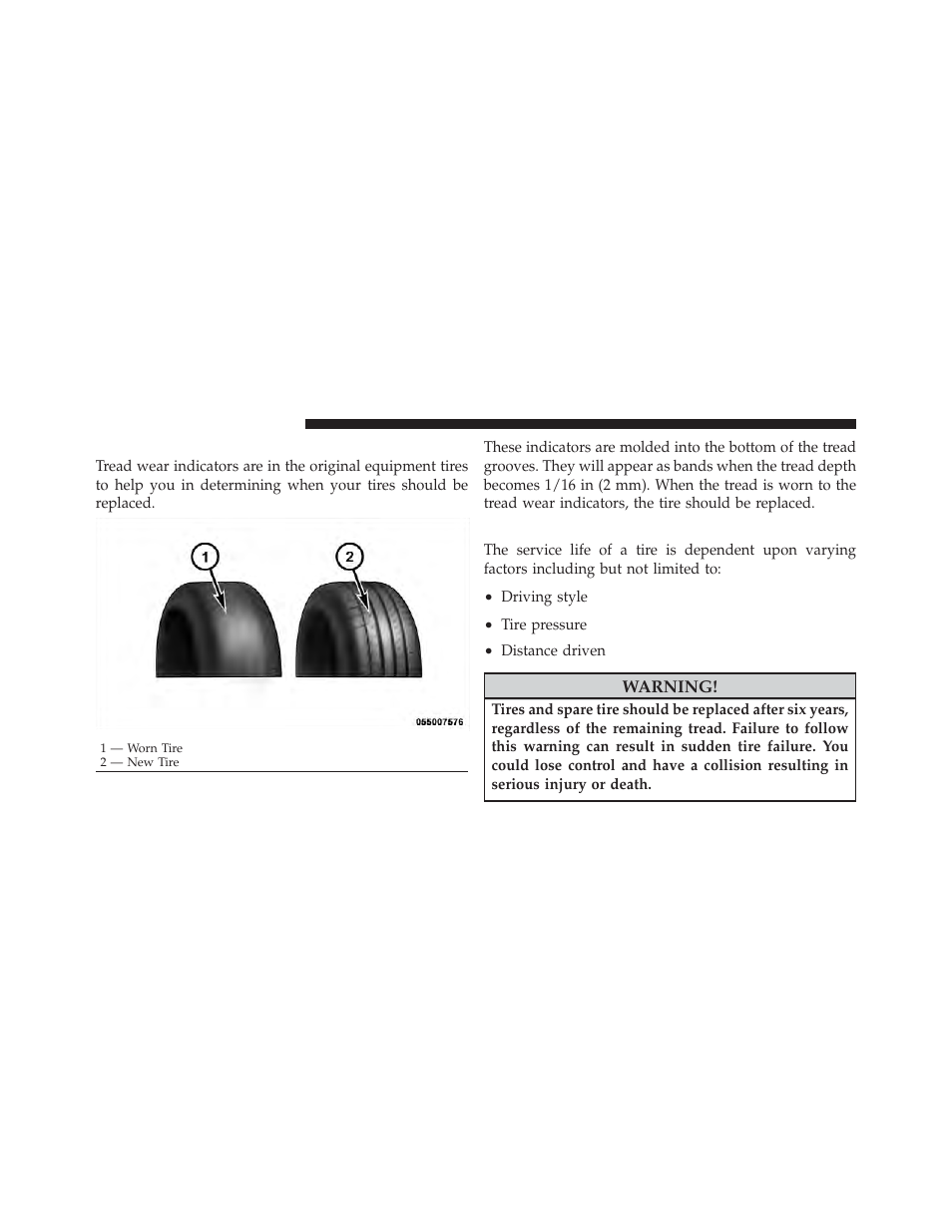 Tread wear indicators, Life of tire | Dodge 2011 Journey - Owner Manual User Manual | Page 380 / 557