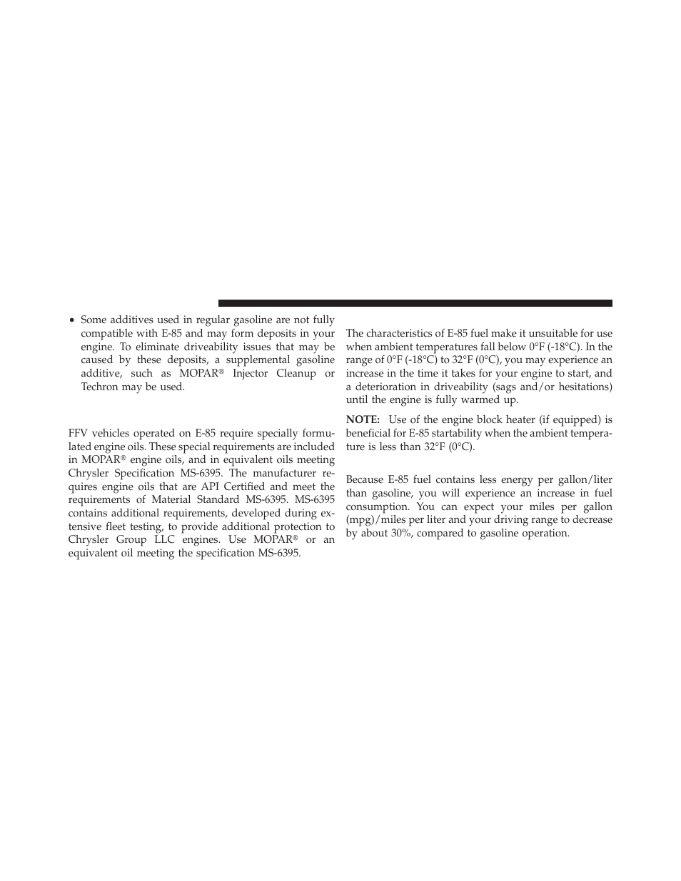 Starting, Cruising range, Selection of engine oil for flexible fuel | Vehicles (e-85) and gasoline vehicles | Dodge 2011 Journey - Owner Manual User Manual | Page 402 / 557