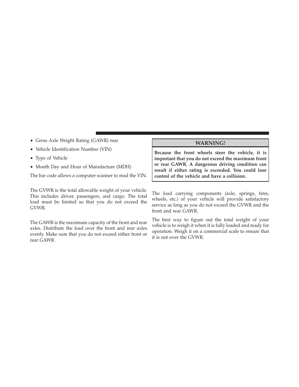 Gross vehicle weight rating (gvwr), Gross axle weight rating (gawr), Overloading | Dodge 2011 Journey - Owner Manual User Manual | Page 406 / 557