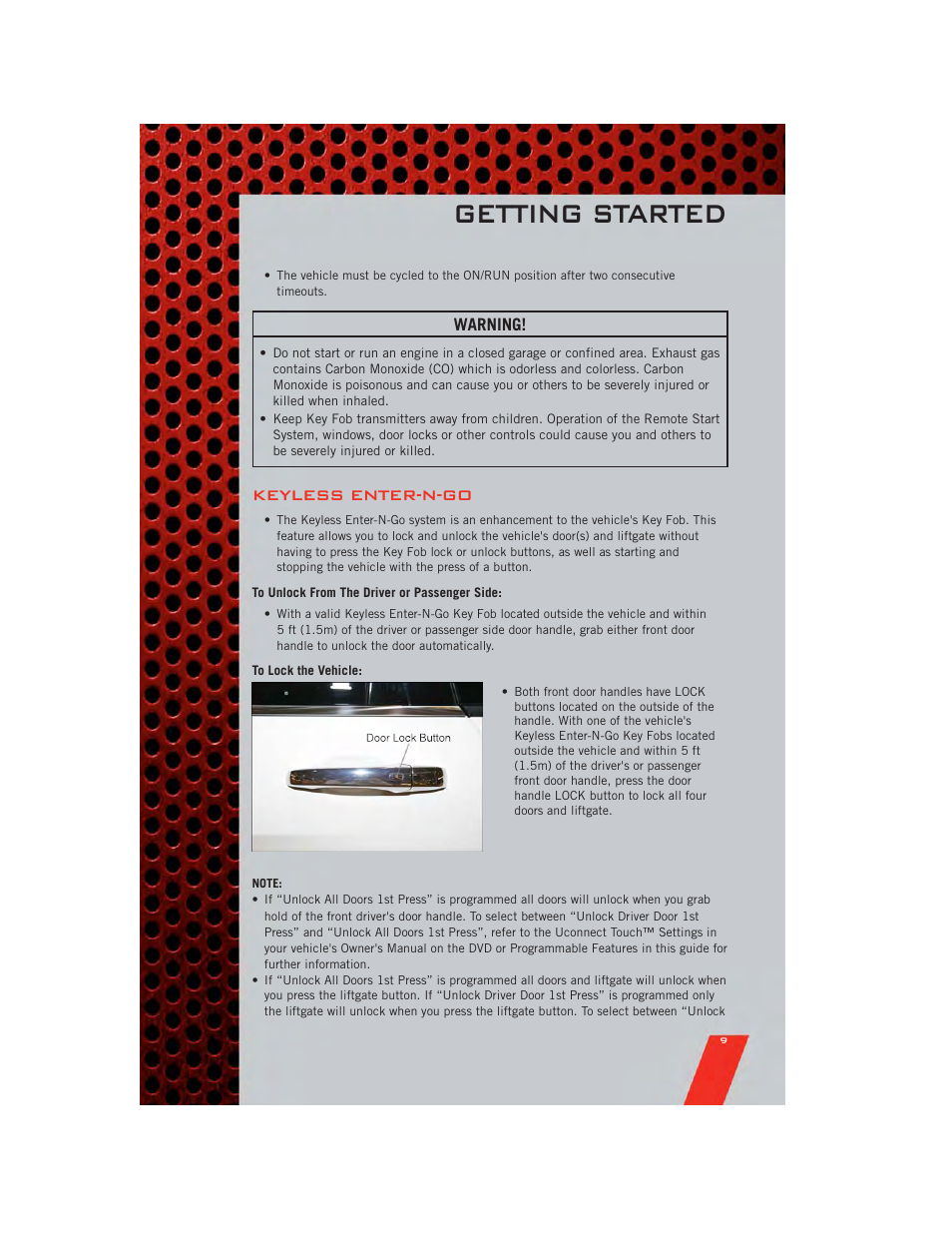 Keyless enter-n-go, To unlock from the driver or passenger side, To lock the vehicle | Getting started | Dodge 2011 Journey - User Guide User Manual | Page 11 / 108