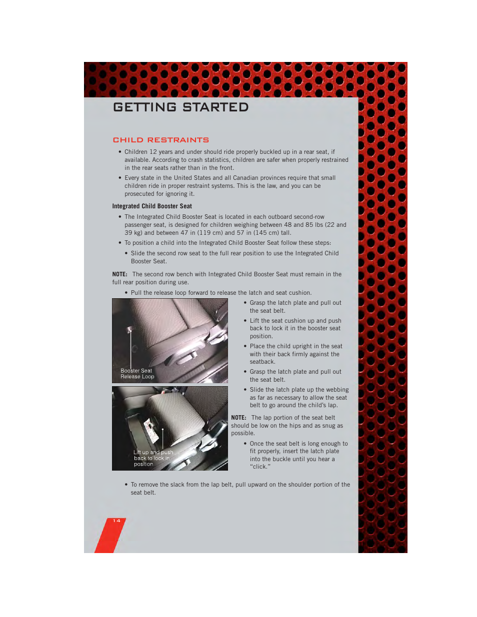 Child restraints, Integrated child booster seat, Getting started | Dodge 2011 Journey - User Guide User Manual | Page 16 / 108