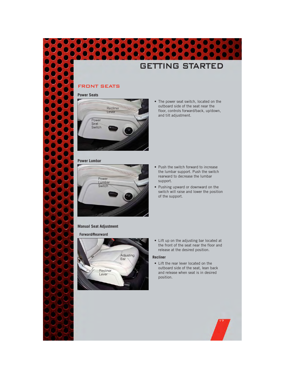 Front seats, Power seats, Power lumbar | Manual seat adjustment, Getting started | Dodge 2011 Journey - User Guide User Manual | Page 19 / 108