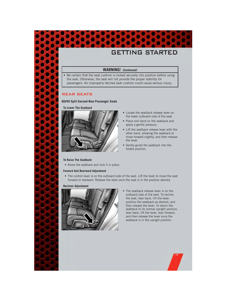 Rear seats, 60/40 split second-row passenger seats, Getting started | Warning | Dodge 2011 Journey - User Guide User Manual | Page 21 / 108