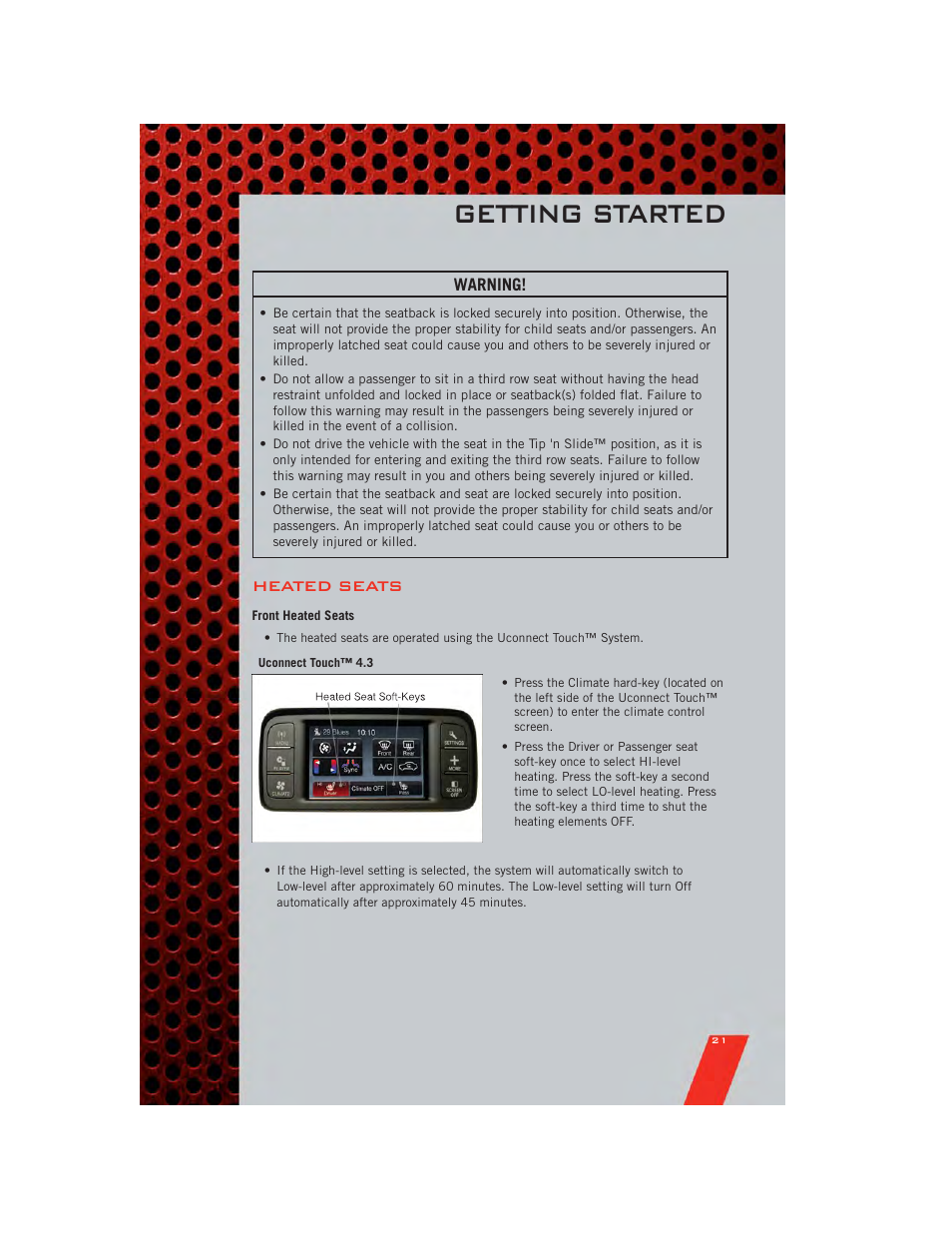 Heated seats, Front heated seats, Getting started | Dodge 2011 Journey - User Guide User Manual | Page 23 / 108