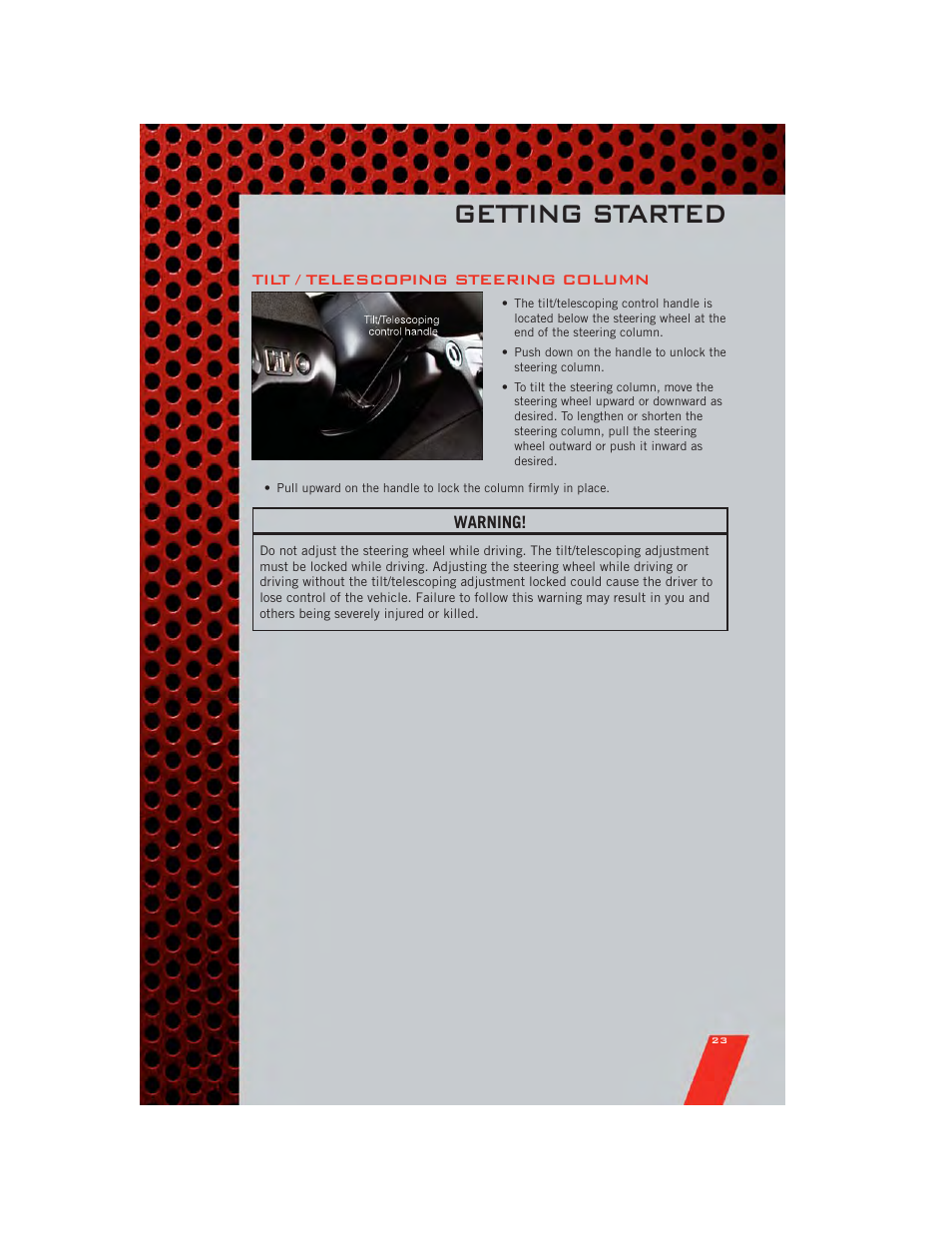 Tilt / telescoping steering column, Getting started | Dodge 2011 Journey - User Guide User Manual | Page 25 / 108
