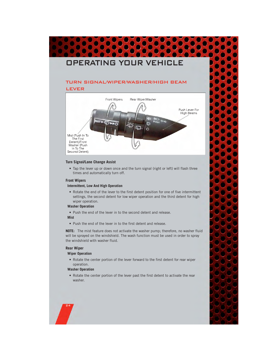 Operating your vehicle, Turn signal/wiper/washer/high beam lever, Turn signal/lane change assist | Front wipers, Rear wiper | Dodge 2011 Journey - User Guide User Manual | Page 26 / 108