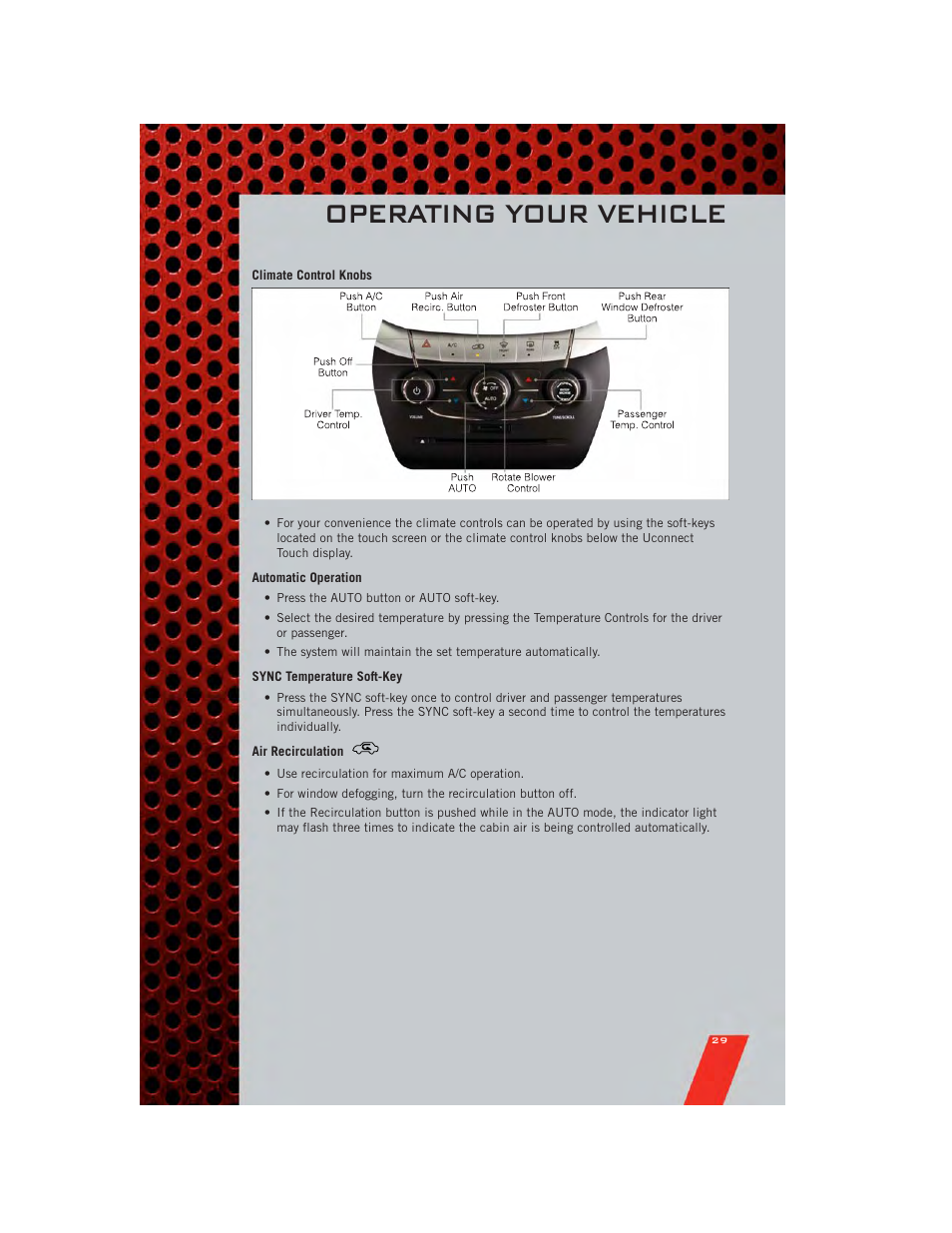 Climate control knobs, Automatic operation, Sync temperature soft-key | Air recirculation, Operating your vehicle | Dodge 2011 Journey - User Guide User Manual | Page 31 / 108