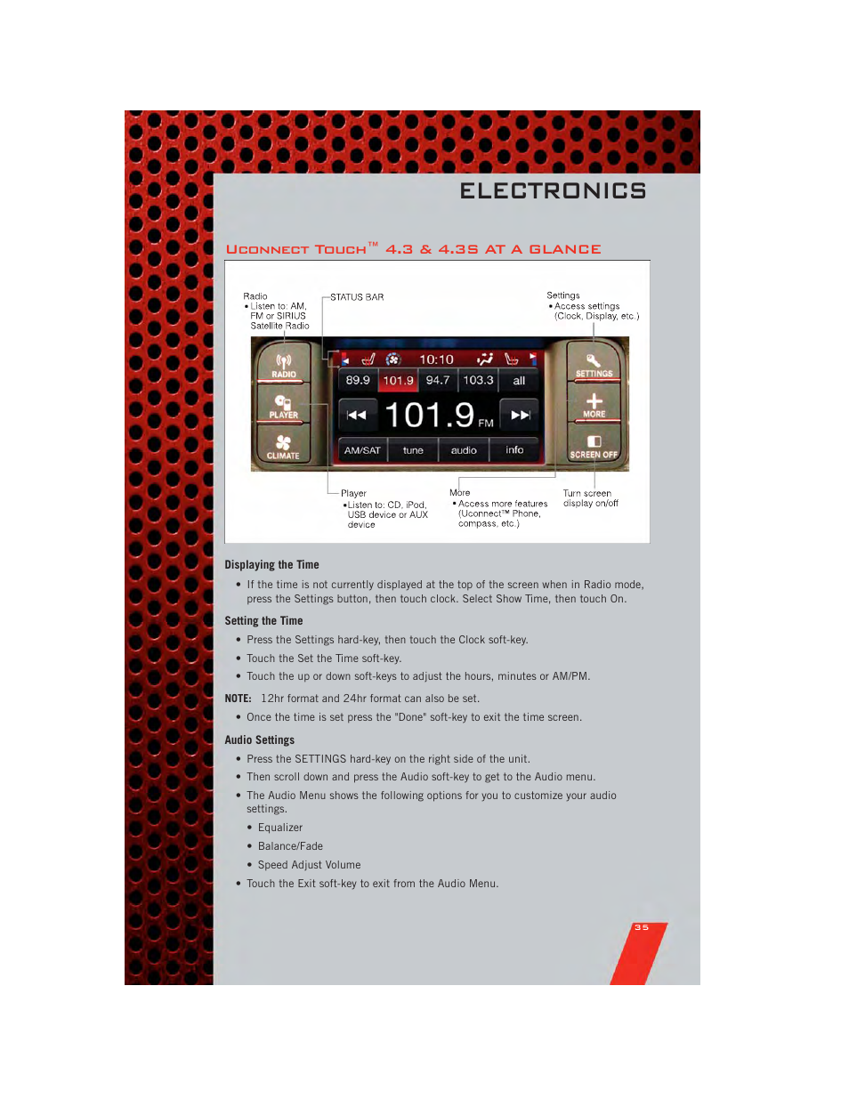 Uconnect touch™ 4.3 & 4.3s at a glance, Displaying the time, Setting the time | Audio settings, Electronics | Dodge 2011 Journey - User Guide User Manual | Page 37 / 108