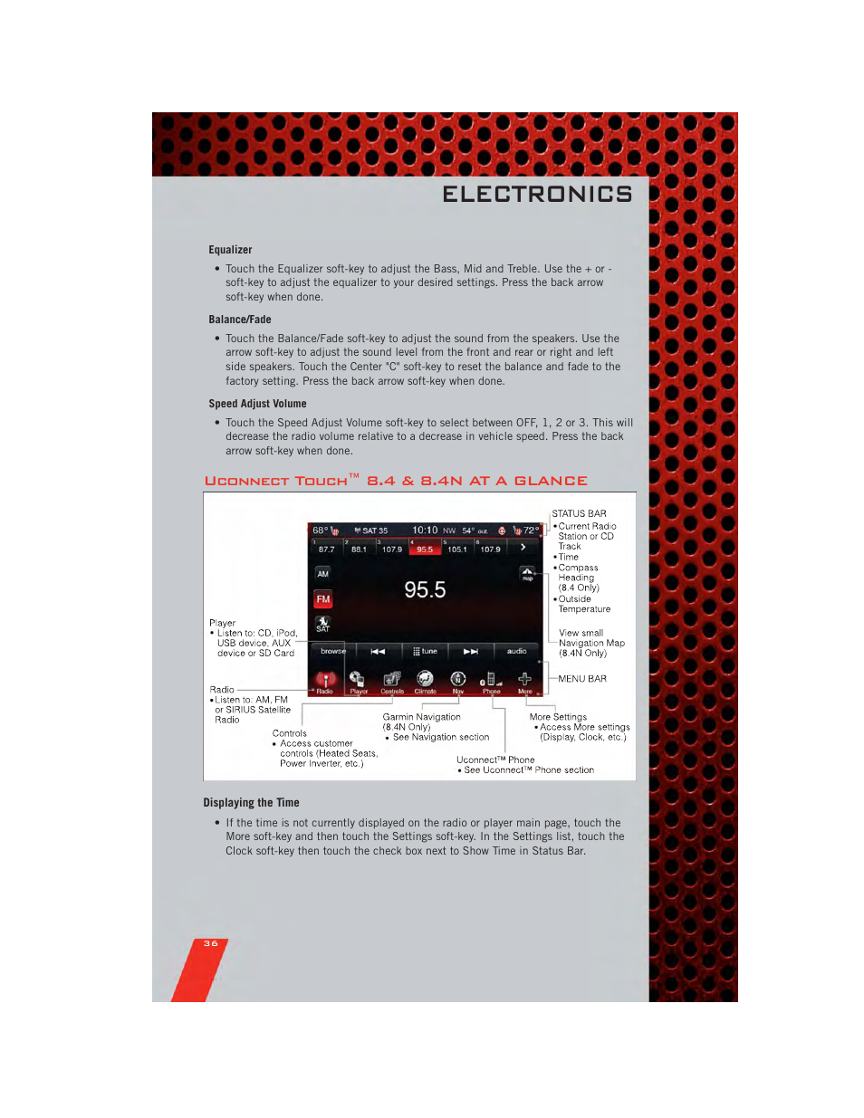 Uconnect touch™ 8.4 & 8.4n at a glance, Displaying the time, Electronics | Dodge 2011 Journey - User Guide User Manual | Page 38 / 108