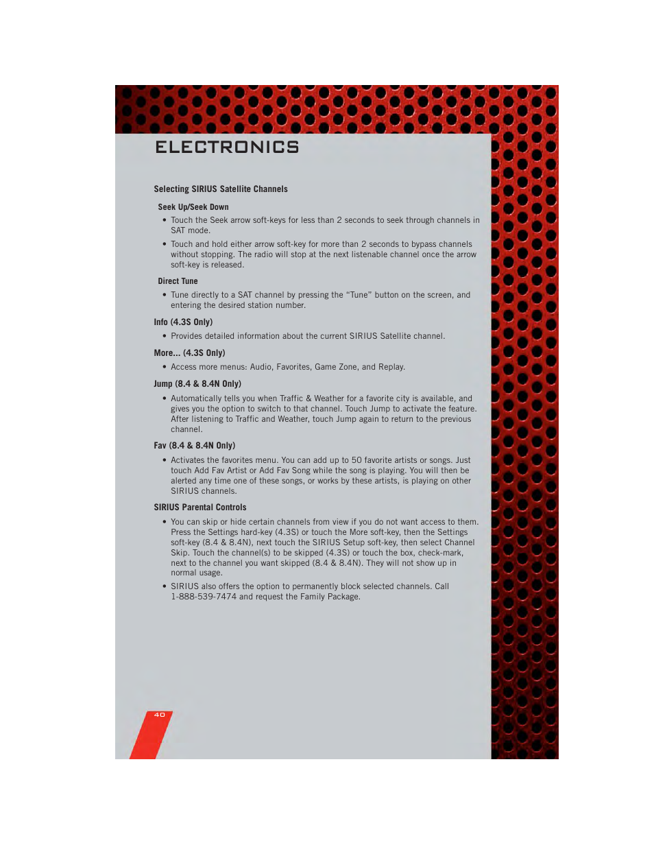 Selecting sirius satellite channels, Info (4.3s only), More... (4.3s only) | Jump (8.4 & 8.4n only), Fav (8.4 & 8.4n only), Sirius parental controls, Electronics | Dodge 2011 Journey - User Guide User Manual | Page 42 / 108