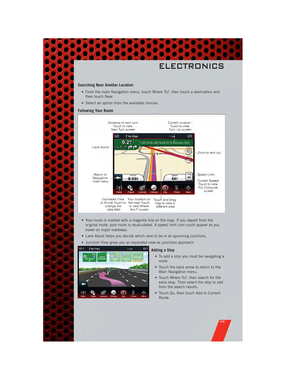 Searching near another location, Following your route, Adding a stop | Electronics | Dodge 2011 Journey - User Guide User Manual | Page 47 / 108