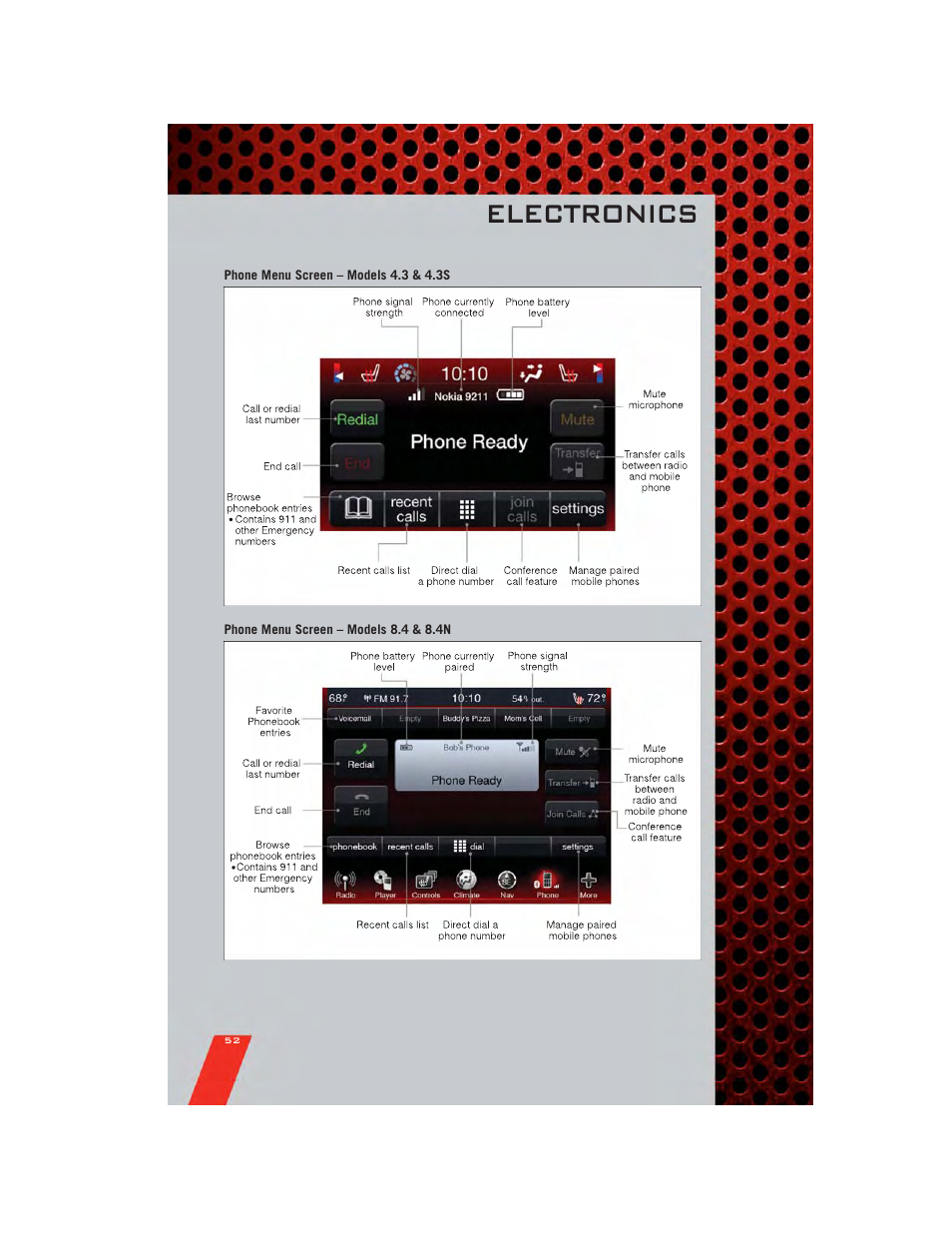 Phone menu screen – models 4.3 & 4.3s, Phone menu screen – models 8.4 & 8.4n, Electronics | Dodge 2011 Journey - User Guide User Manual | Page 54 / 108